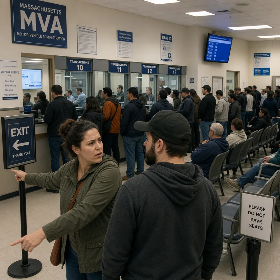 Packed MVA waiting room with frustrated customers